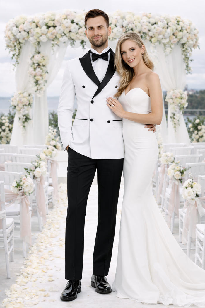 Mens Slim Fit Double Breasted Wool Tuxedo in White - Mens Slim Fitted Tuxedo