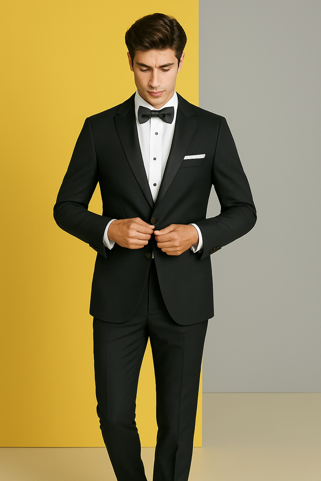 Mens Designer Slim Fit One Button Peak Tuxedo in Black - Mens Slim Fitted Tuxedo