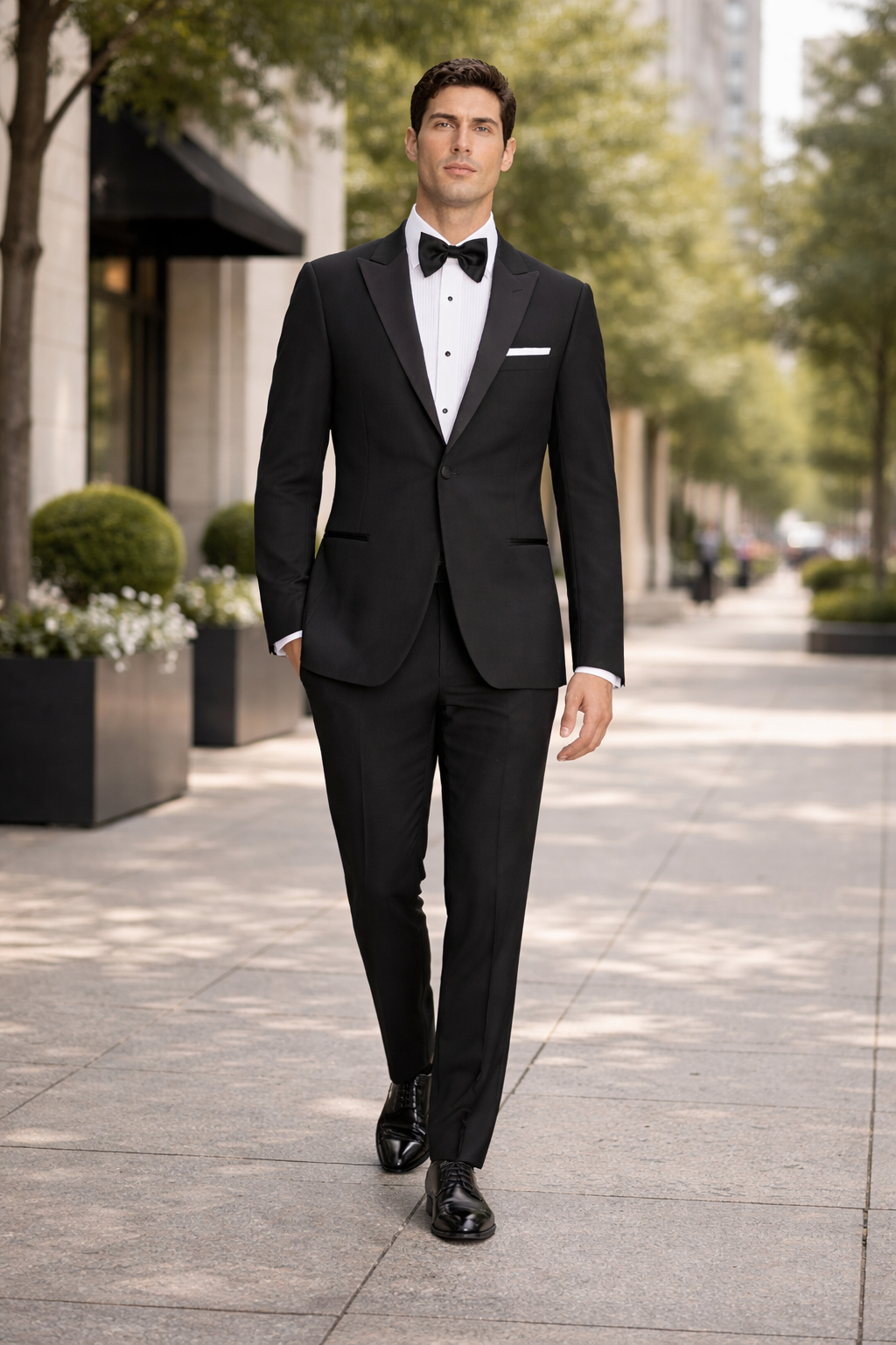 Mens Designer Slim Fit One Button Peak Tuxedo in Black - Mens Slim Fitted Tuxedo