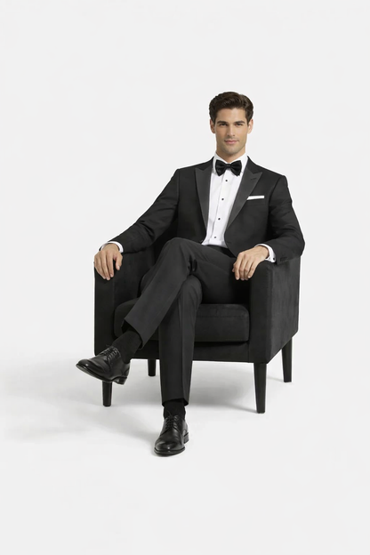 Mens Designer Slim Fit One Button Peak Tuxedo in Black - Mens Slim Fitted Tuxedo