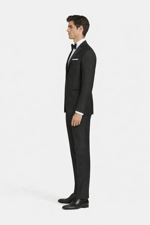 Mens Designer Slim Fit One Button Peak Tuxedo in Black - Mens Slim Fitted Tuxedo