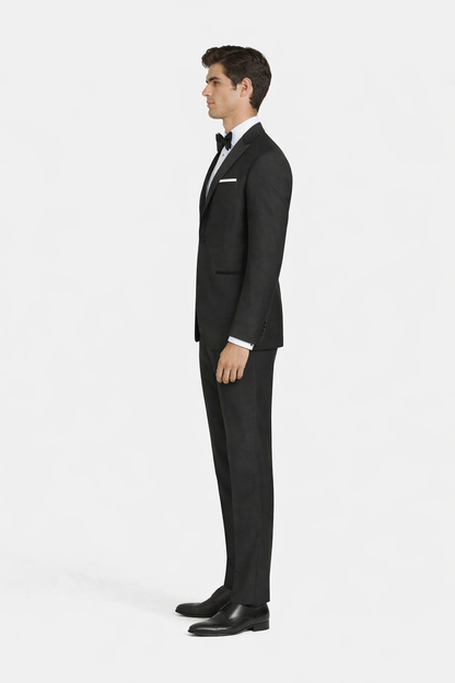 Mens Designer Slim Fit One Button Peak Tuxedo in Black - Mens Slim Fitted Tuxedo