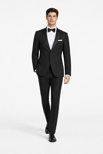 Mens Designer Slim Fit One Button Peak Tuxedo in Black - Mens Slim Fitted Tuxedo