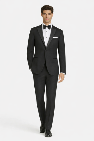 Mens Designer Slim Fit One Button Peak Tuxedo in Black - Mens Slim Fitted Tuxedo