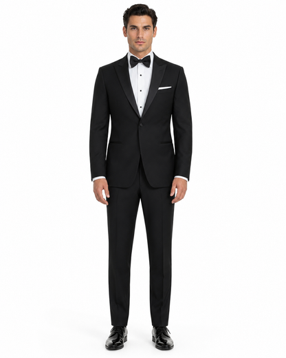 Mens Designer Slim Fit One Button Peak Tuxedo in Black - Mens Slim Fitted Tuxedo