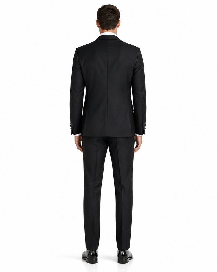 Mens Designer Slim Fit One Button Peak Tuxedo in Black - Mens Slim Fitted Tuxedo