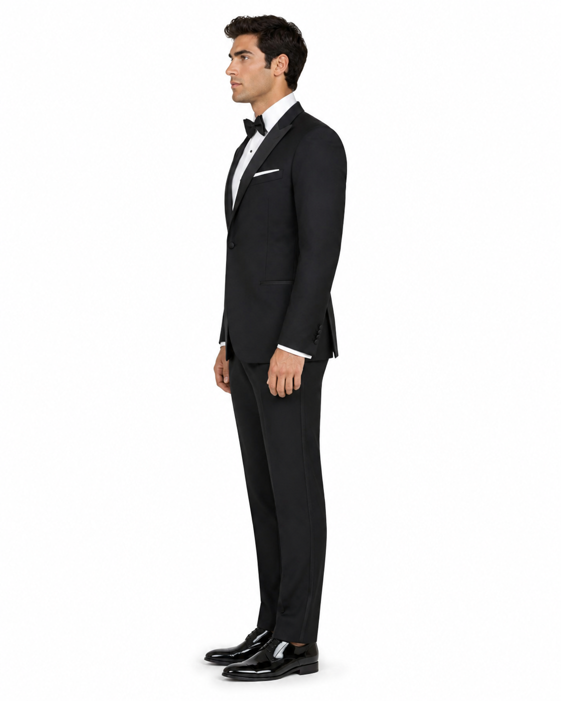 Mens Designer Slim Fit One Button Peak Tuxedo in Black - Mens Slim Fitted Tuxedo