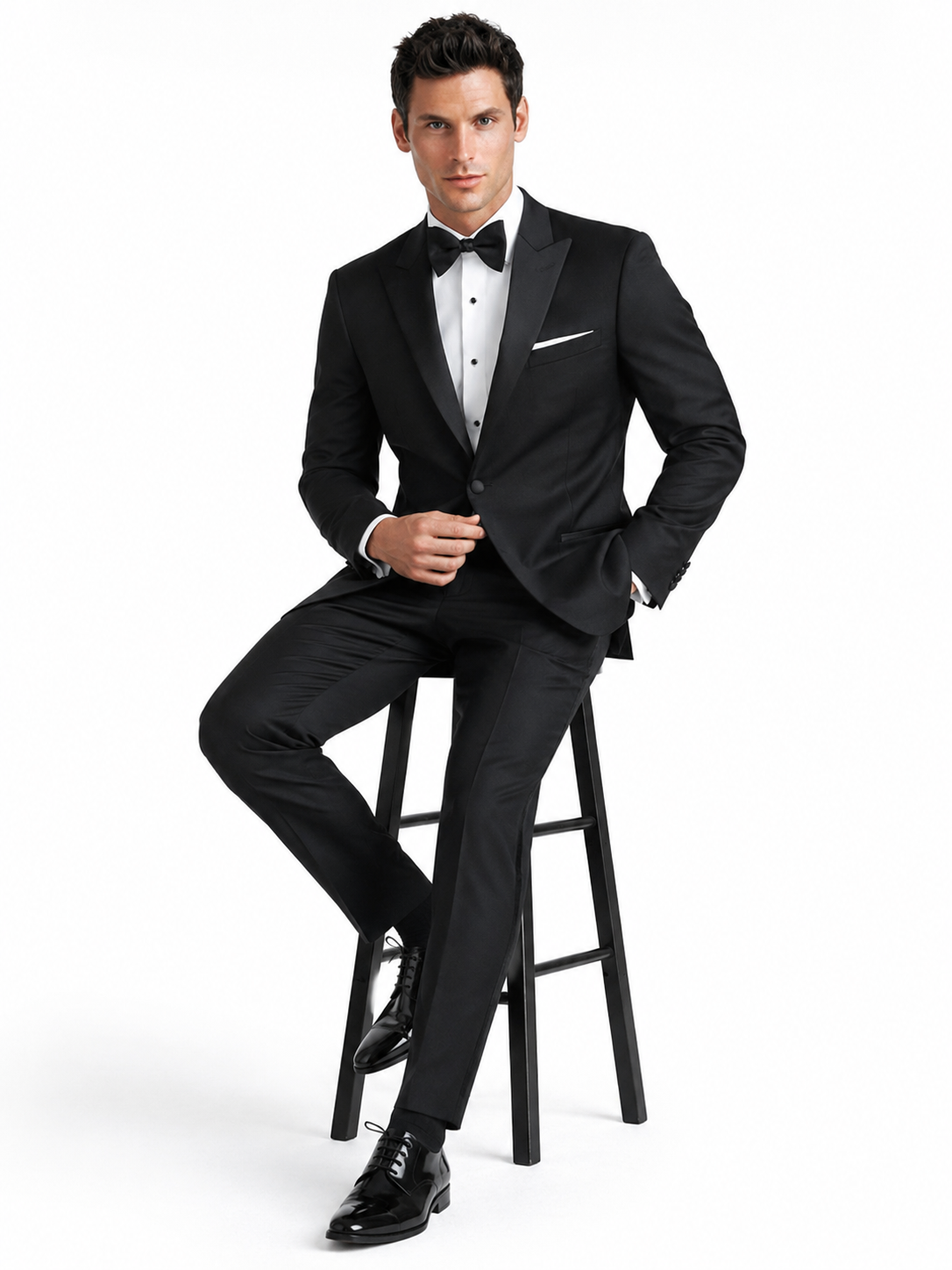 Mens Designer Slim Fit One Button Peak Tuxedo in Black - Mens Slim Fitted Tuxedo