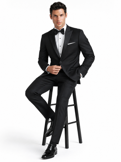 Mens Designer Slim Fit One Button Peak Tuxedo in Black - Mens Slim Fitted Tuxedo