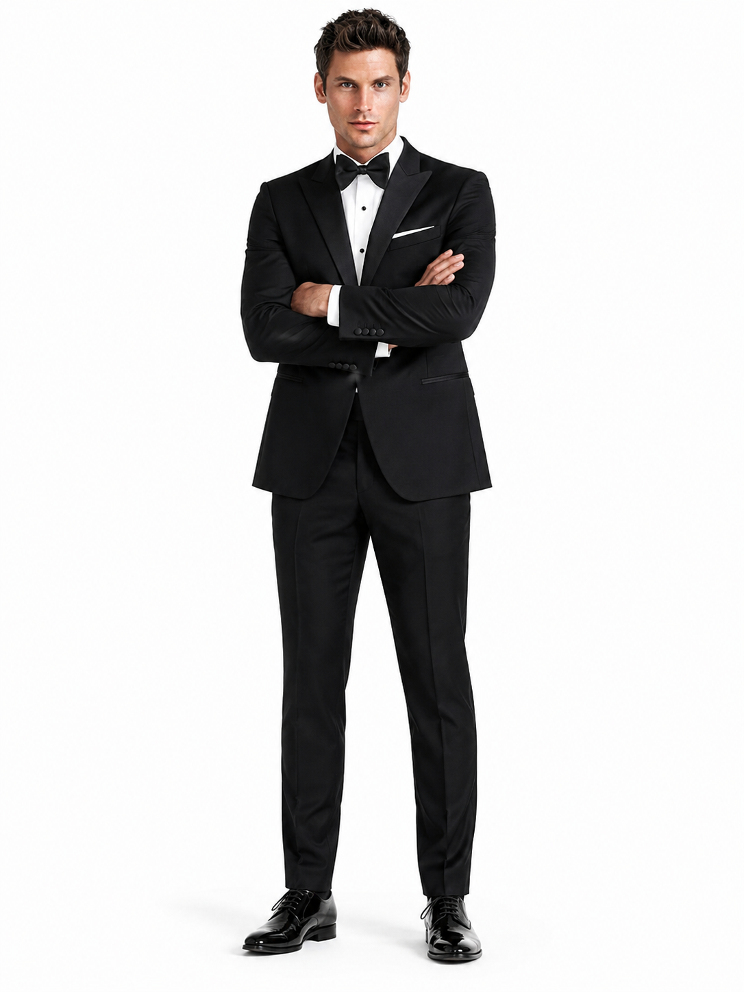 Mens Designer Slim Fit One Button Peak Tuxedo in Black - Mens Slim Fitted Tuxedo