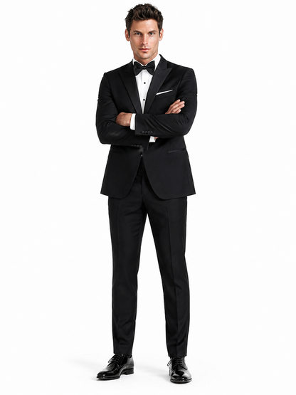 Mens Designer Slim Fit One Button Peak Tuxedo in Black - Mens Slim Fitted Tuxedo