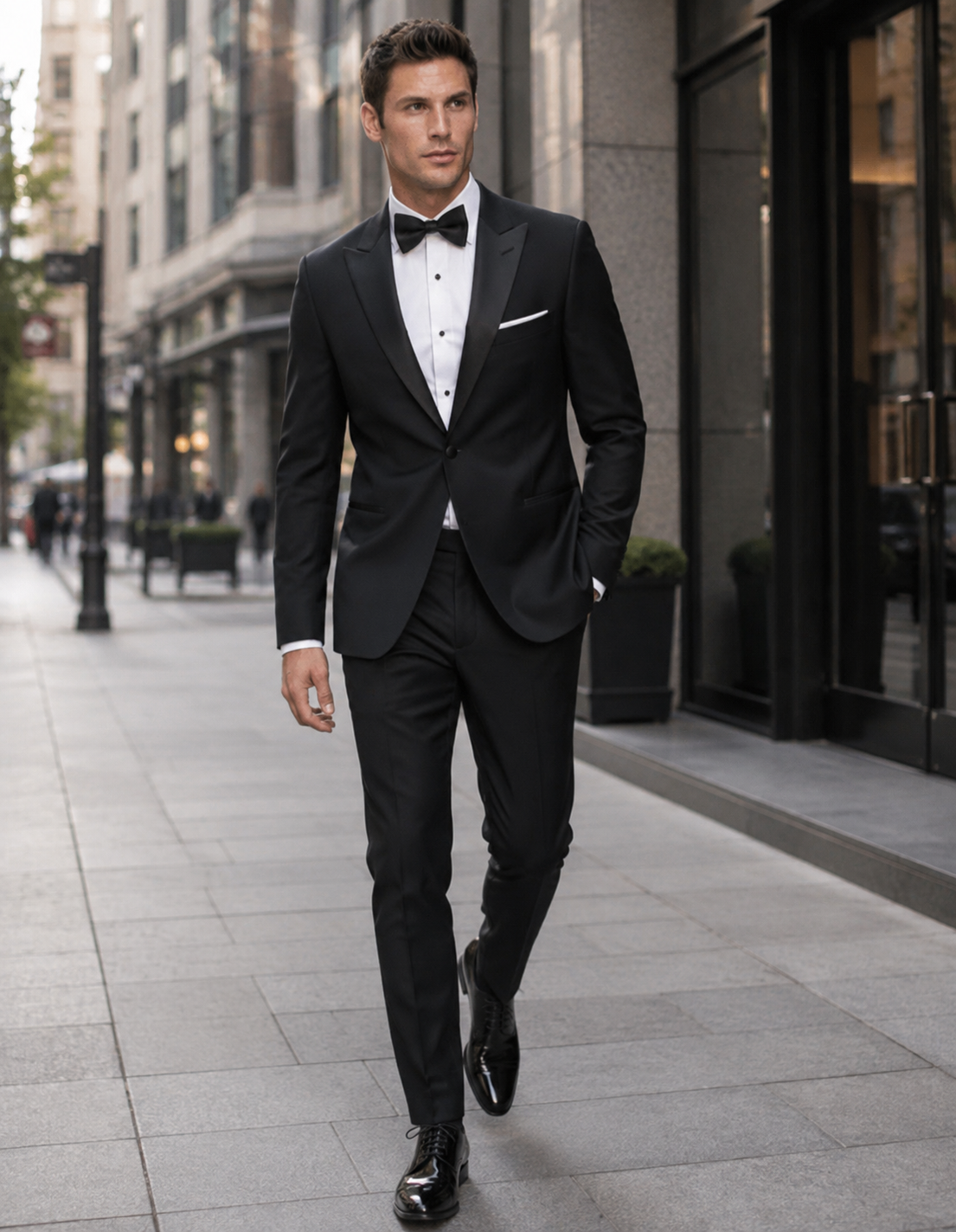 Mens Designer Slim Fit One Button Peak Tuxedo in Black - Mens Slim Fitted Tuxedo