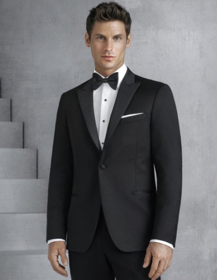 Mens Designer Slim Fit One Button Peak Tuxedo in Black - Mens Slim Fitted Tuxedo