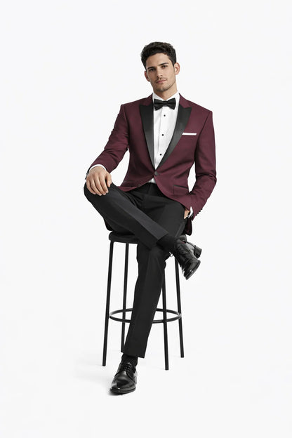 Mens Slim Fit One Button Peak Tuxedo Burgundy