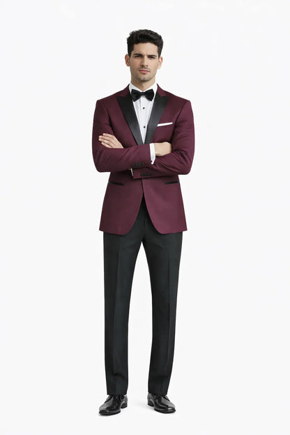 Mens Slim Fit One Button Peak Tuxedo Burgundy