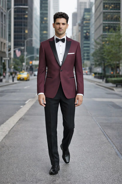 Mens Slim Fit One Button Peak Tuxedo Burgundy