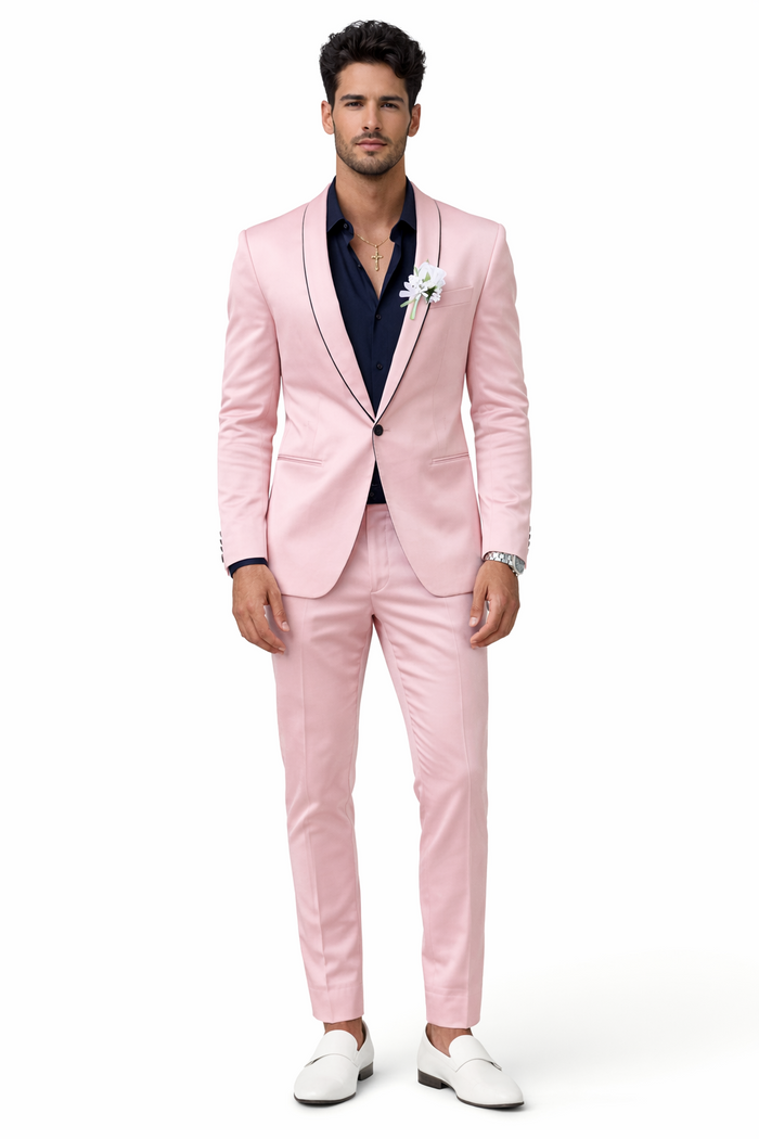 Mens Slim Fit Pink Tuxedo Suit with Black Trim  Modern Wedding and Prom Outfit in Rose Gold Blush Color