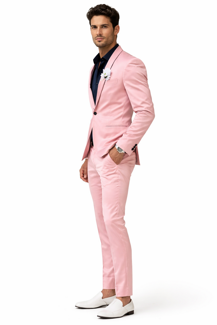Mens Slim Fit Pink Tuxedo Suit with Black Trim  Modern Wedding and Prom Outfit in Rose Gold Blush Color