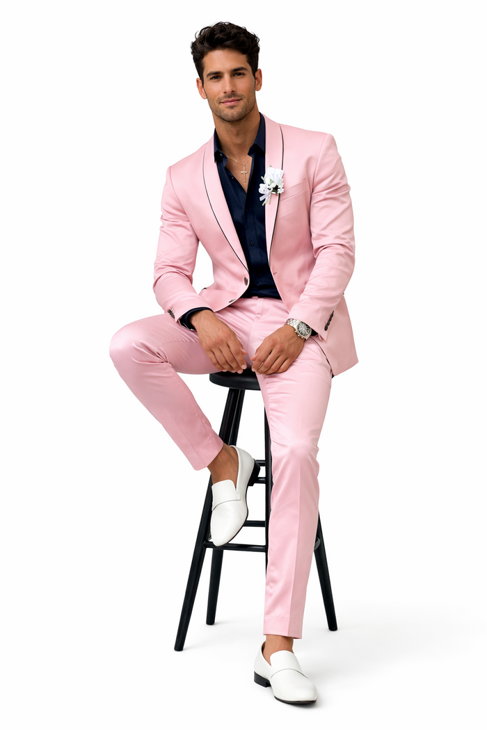 Mens Slim Fit Pink Tuxedo Suit with Black Trim  Modern Wedding and Prom Outfit in Rose Gold Blush Color