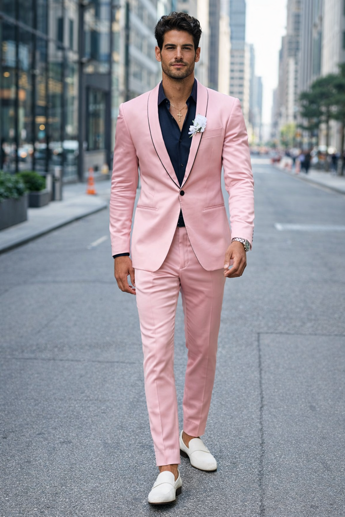 Mens Slim Fit Pink Tuxedo Suit with Black Trim  Modern Wedding and Prom Outfit in Rose Gold Blush Color