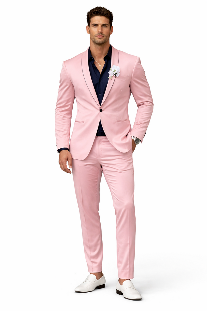 Mens Slim Fit Pink Tuxedo Suit with Black Trim  Modern Wedding and Prom Outfit in Rose Gold Blush Color