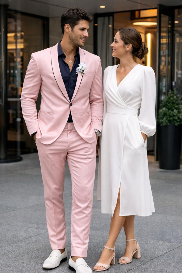 Mens Slim Fit Pink Tuxedo Suit with Black Trim  Modern Wedding and Prom Outfit in Rose Gold Blush Color