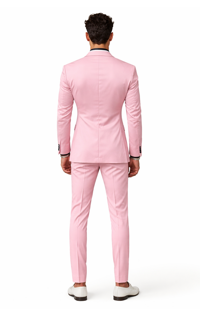 Mens Slim Fit Pink Tuxedo Suit with Black Trim  Modern Wedding and Prom Outfit in Rose Gold Blush Color