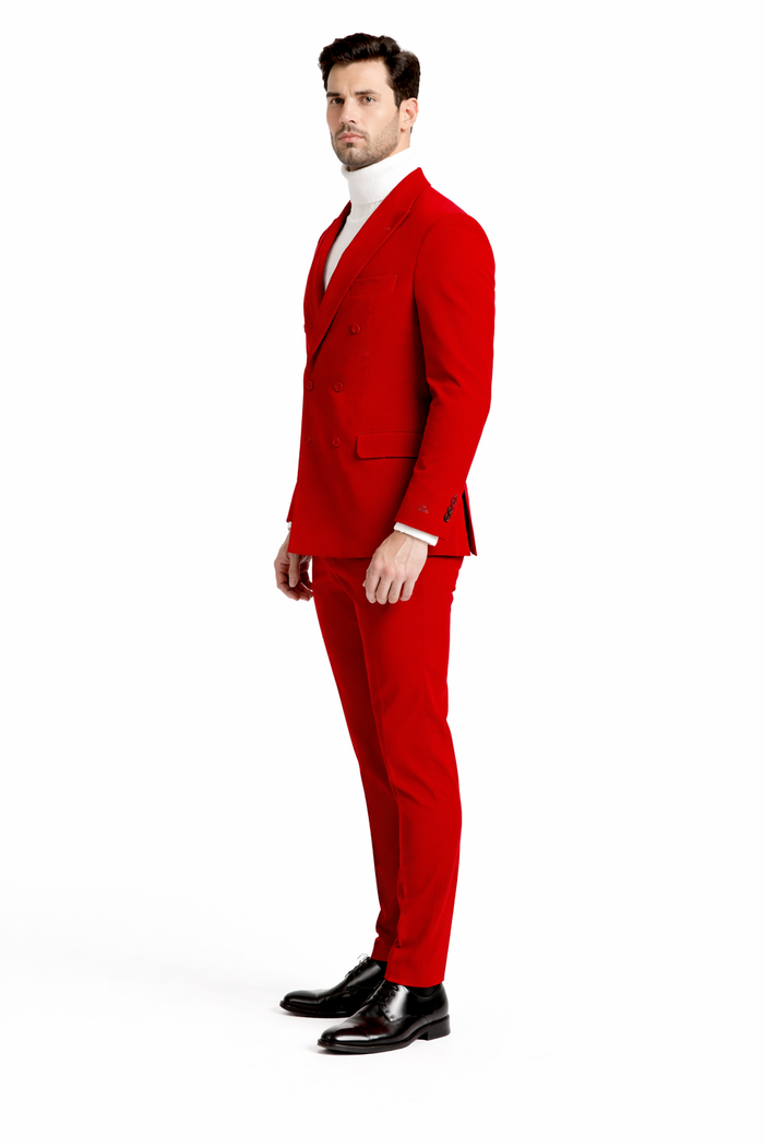Men's Slim Fit Red Velvet Double Breasted Suit with Peak Lapel - Formal Tuxedo Style