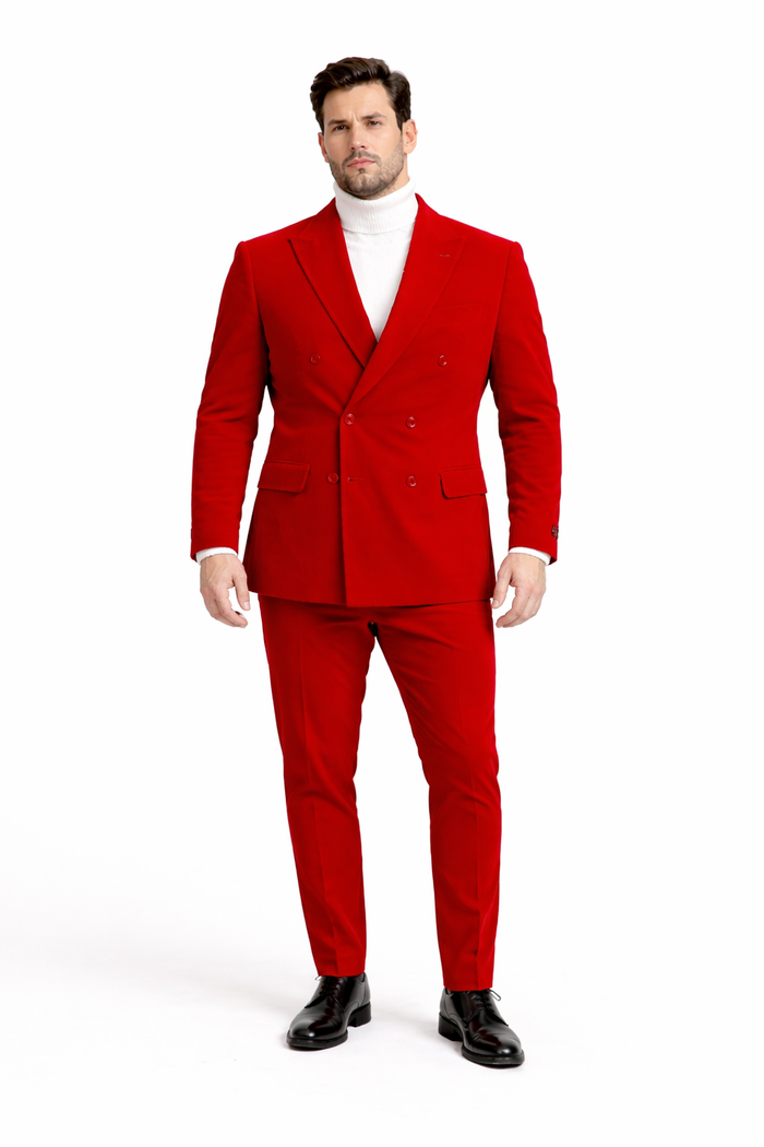 Men's Slim Fit Red Velvet Double Breasted Suit with Peak Lapel - Formal Tuxedo Style