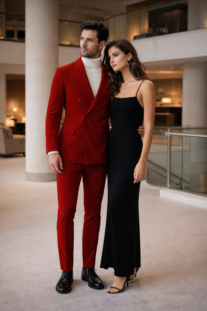 Men's Slim Fit Red Velvet Double Breasted Suit with Peak Lapel - Formal Tuxedo Style