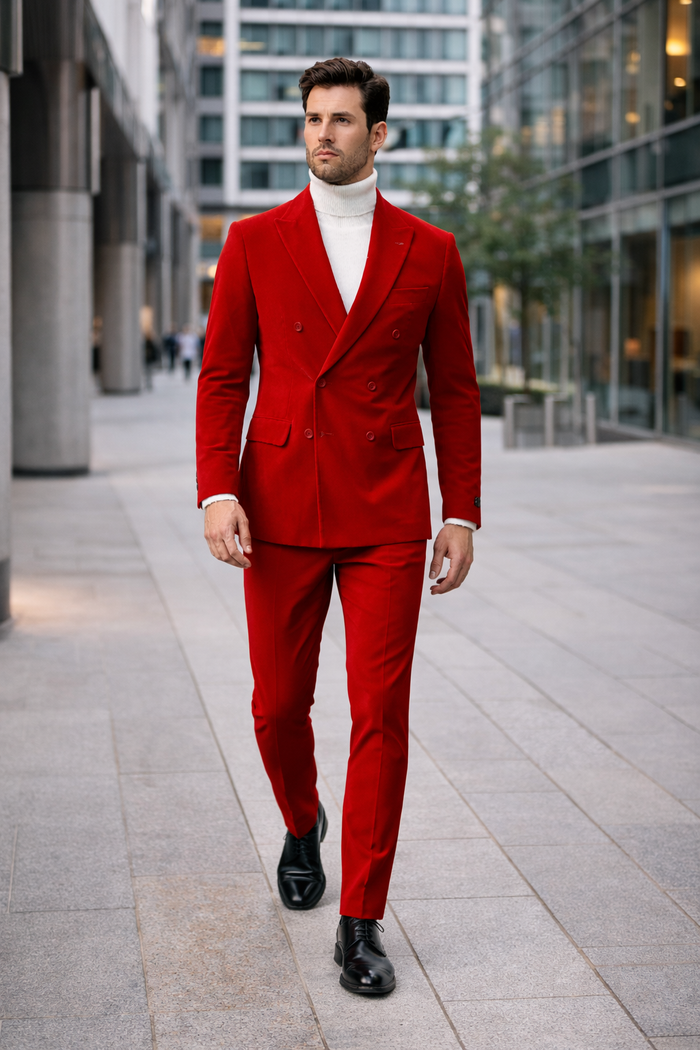 Men's Slim Fit Red Velvet Double Breasted Suit with Peak Lapel - Formal Tuxedo Style