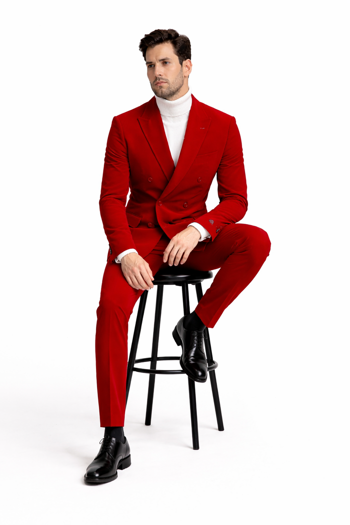 Men's Slim Fit Red Velvet Double Breasted Suit with Peak Lapel - Formal Tuxedo Style