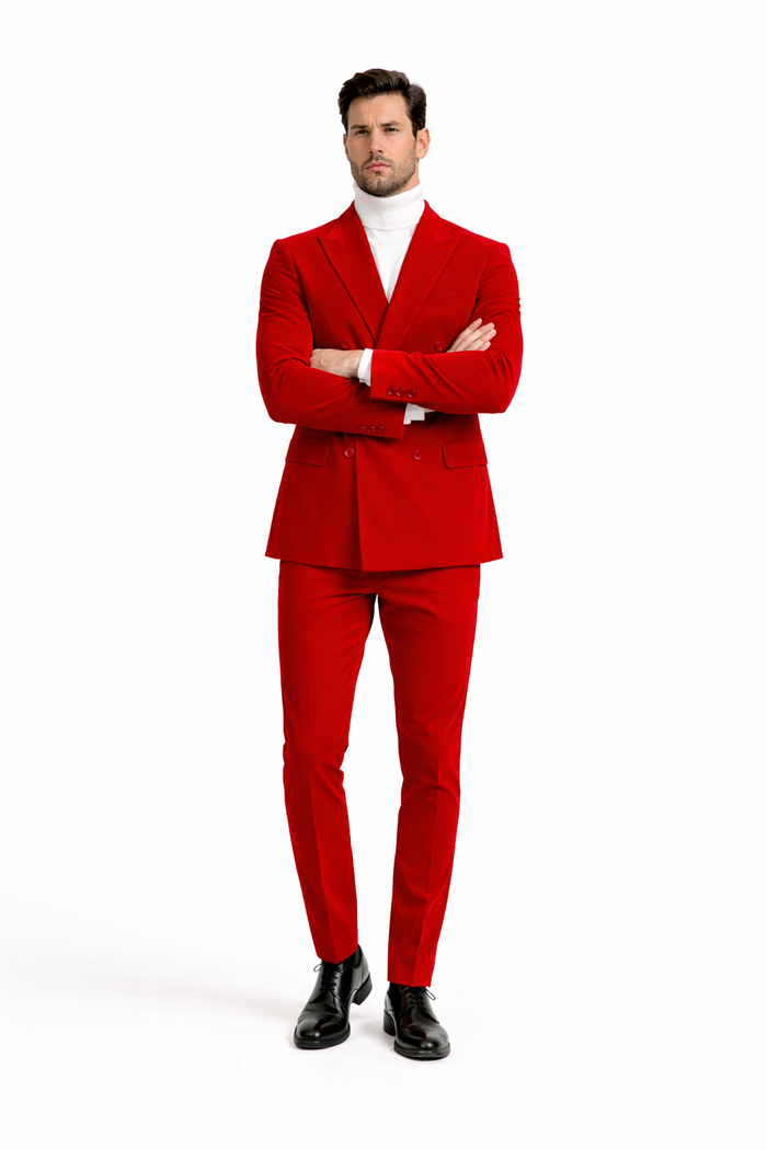 Men's Slim Fit Red Velvet Double Breasted Suit with Peak Lapel - Formal Tuxedo Style