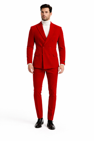 Mens Slim Fit Red Velvet Double Breasted Suit with Peak Lapel  Formal Tuxedo Style