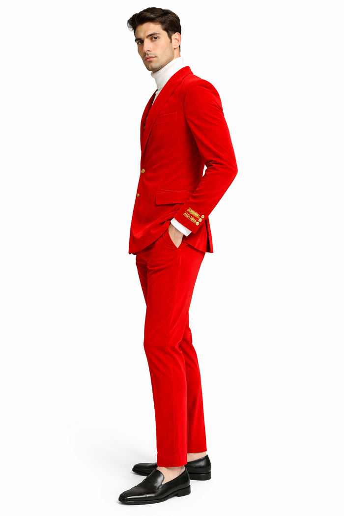 Men's Slim Fit Red Velvet Double Breasted Suits with Peak Lapel -  Formal Tuxedo Style