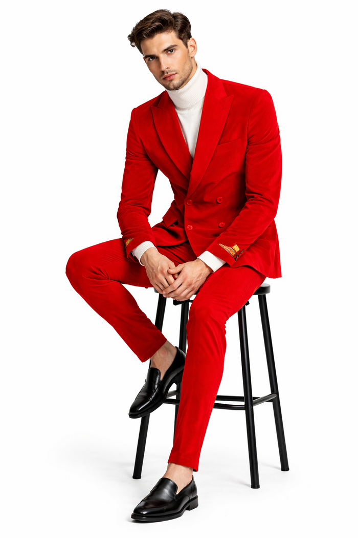 Men's Slim Fit Red Velvet Double Breasted Suits with Peak Lapel -  Formal Tuxedo Style