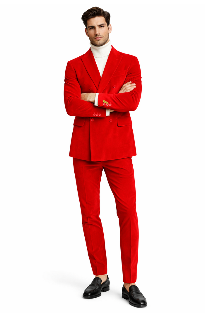Men's Slim Fit Red Velvet Double Breasted Suits with Peak Lapel -  Formal Tuxedo Style