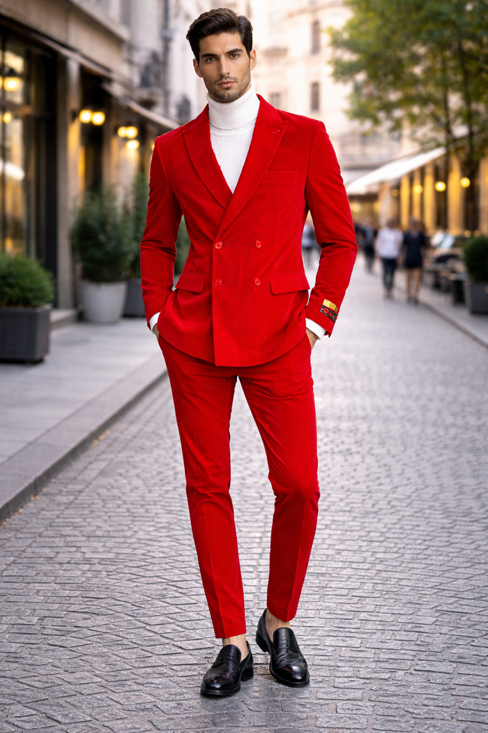 Men's Slim Fit Red Velvet Double Breasted Suits with Peak Lapel -  Formal Tuxedo Style