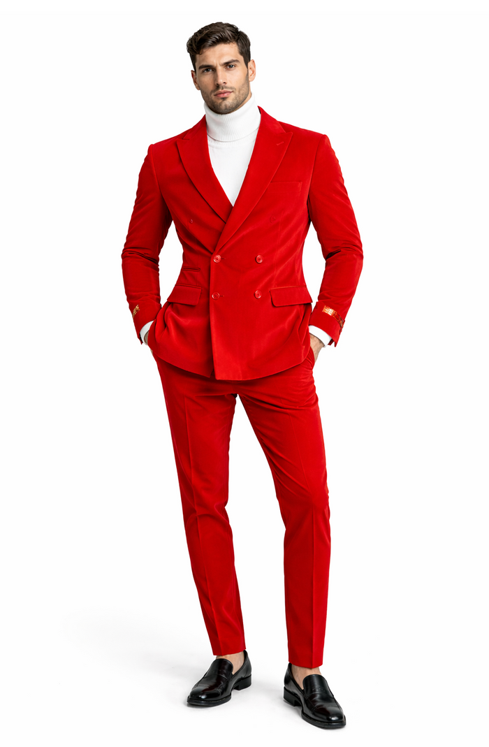 Men's Slim Fit Red Velvet Double Breasted Suits with Peak Lapel -  Formal Tuxedo Style