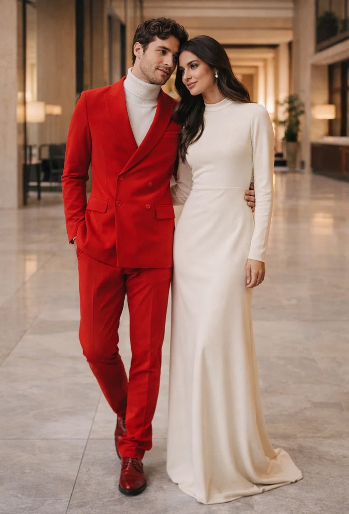 Men's Slim Fit Red Velvet Double Breasted Suits with Peak Lapel -  Formal Tuxedo Style