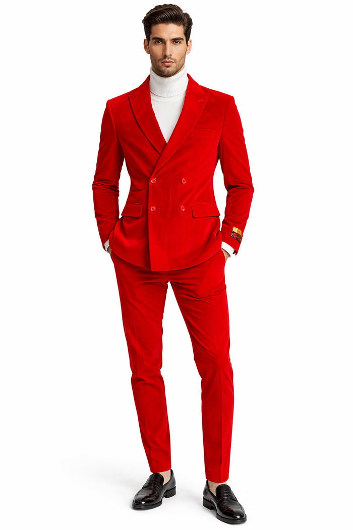 Men's Slim Fit Red Velvet Double Breasted Suits with Peak Lapel -  Formal Tuxedo Style