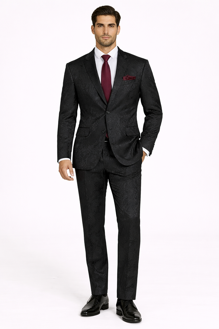 Men's Slim Fit Shiny Paisley Prom & Wedding Suit In Black