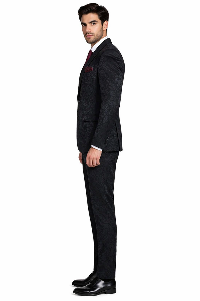 Men's Slim Fit Shiny Paisley Prom & Wedding Suit In Black