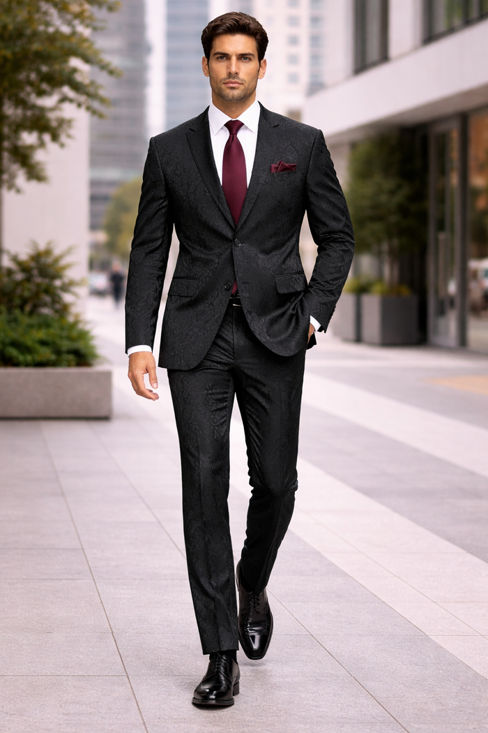 Men's Slim Fit Shiny Paisley Prom & Wedding Suit In Black