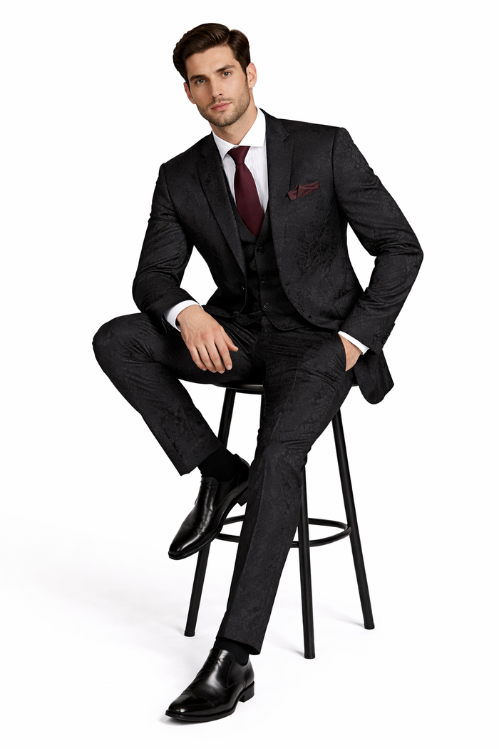 Men's Slim Fit Shiny Paisley Prom & Wedding Suit In Black