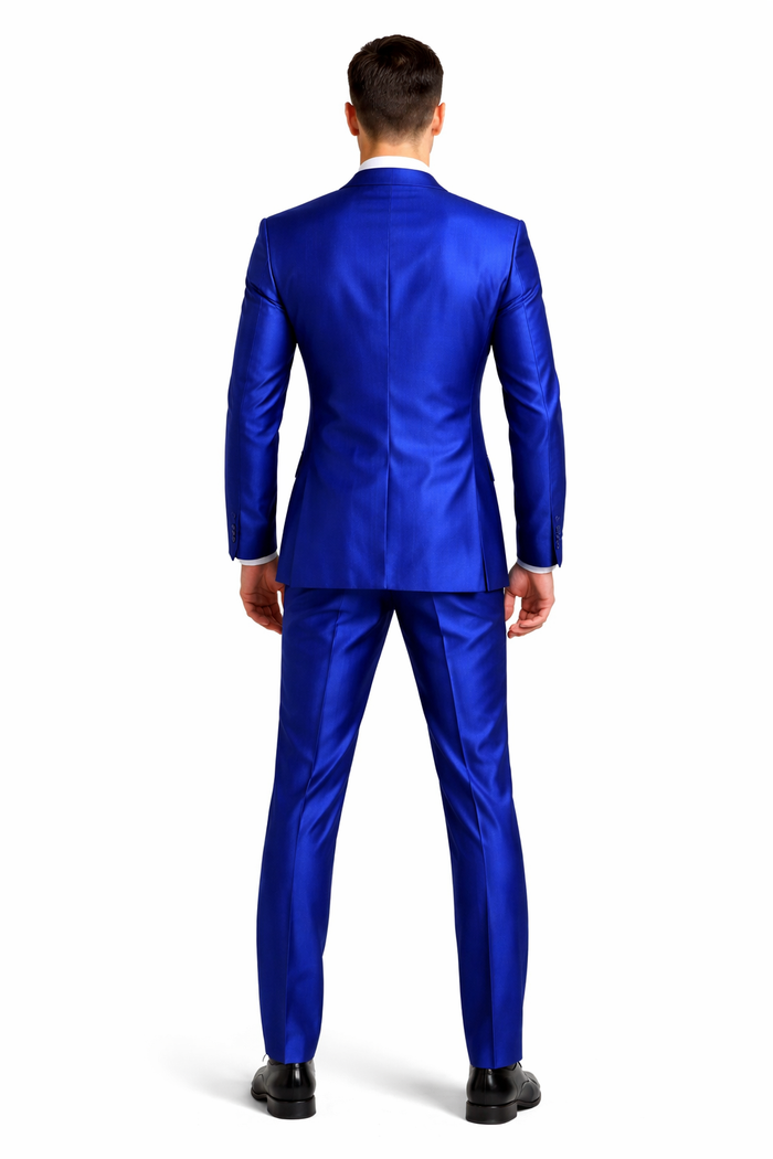 Mens Slim Fitted Shiny Sharkskin Suit in Royal Blue