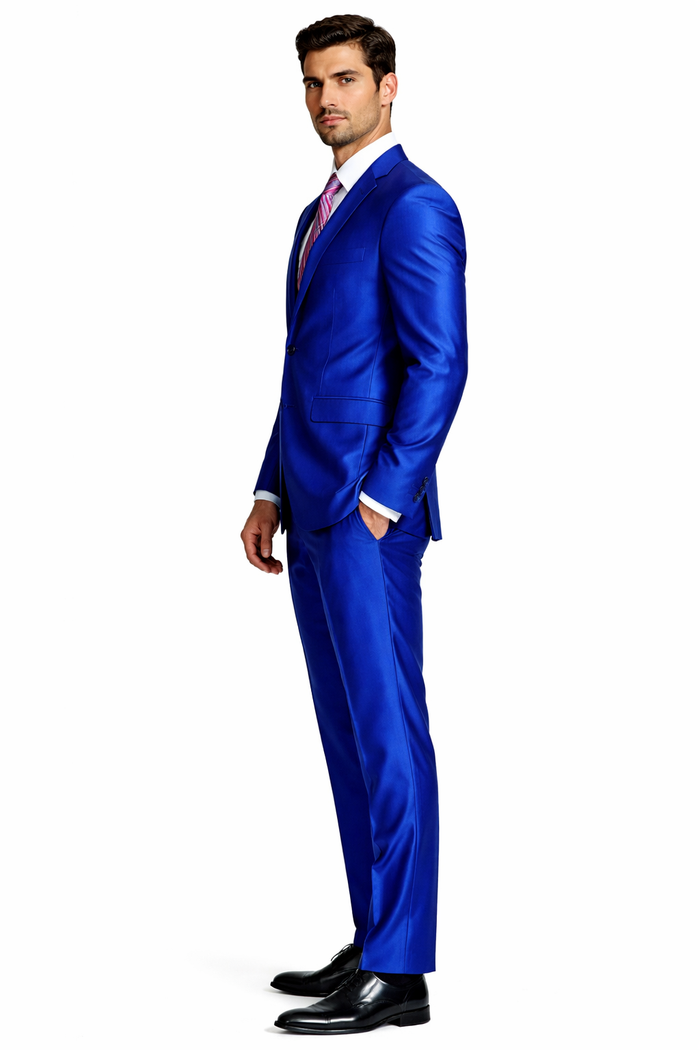 Mens Slim Fitted Shiny Sharkskin Suit in Royal Blue