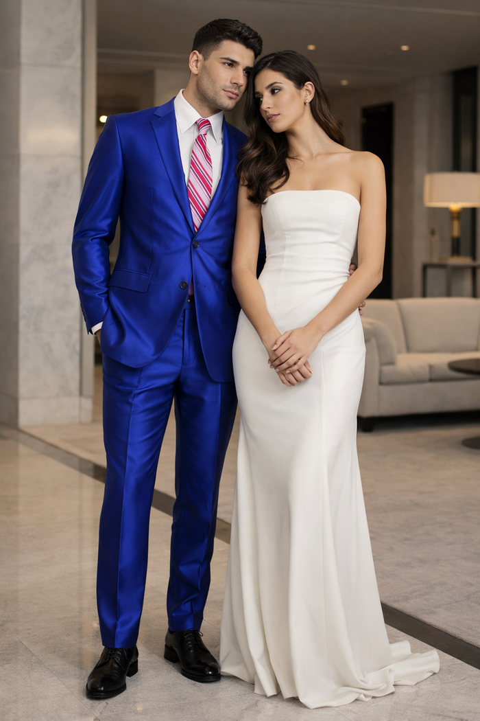 Mens Slim Fitted Shiny Sharkskin Suit in Royal Blue