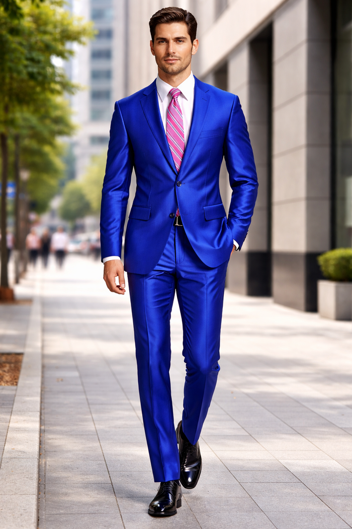 Mens Slim Fitted Shiny Sharkskin Suit in Royal Blue