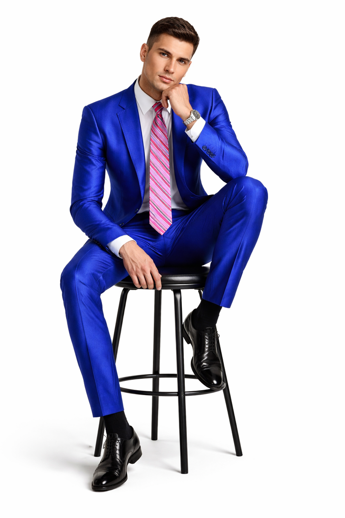 Mens Slim Fitted Shiny Sharkskin Suit in Royal Blue